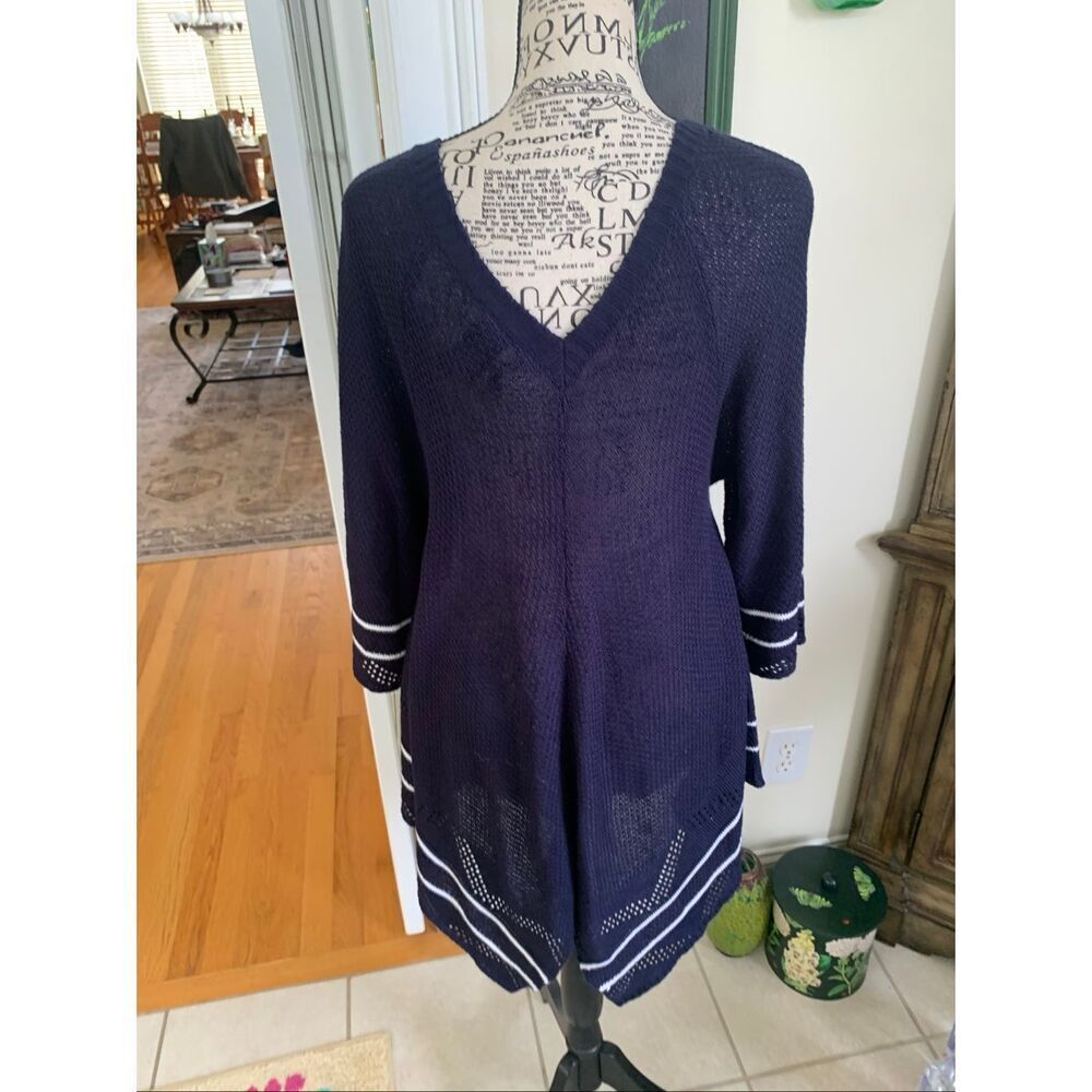 New Directions Petite Sweater PL Blue White V Neck High Low Irregular Hem